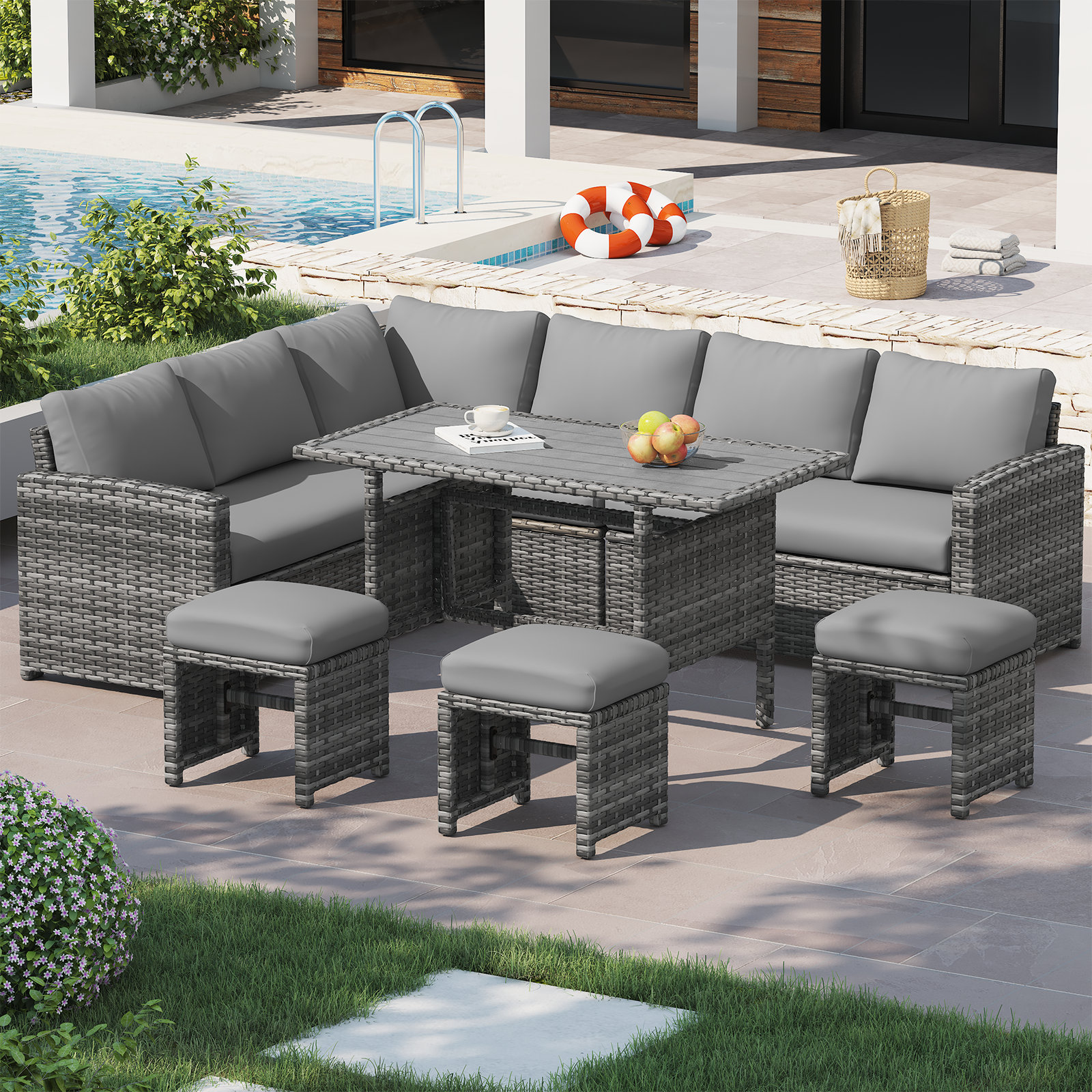 Lark Manor™ Hinesville 7 Piece Rattan Lounge Dining with Cushions